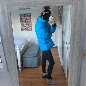 sky blue aritzia tan puffer jacket